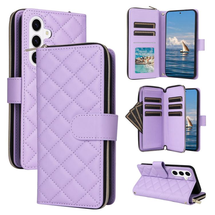 For Samsung Galaxy S26+ 5G Crossbody Rhombic Zipper Tower Buckle Leather Phone Case with Lanyard(Purple)