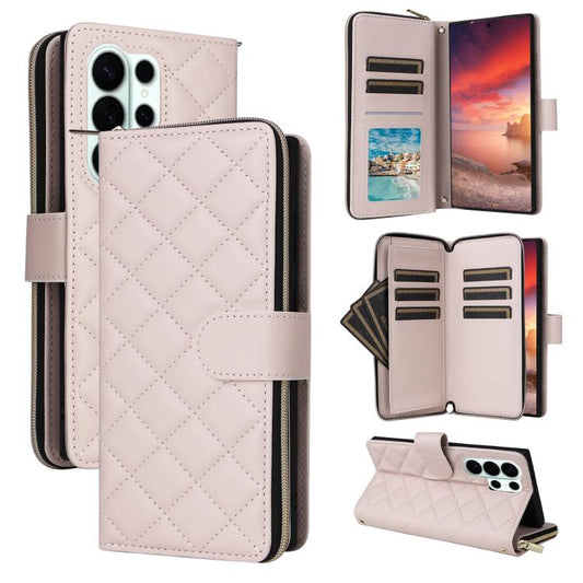For Samsung Galaxy S26 Ultra 5G Crossbody Rhombic Zipper Tower Buckle Leather Phone Case with Lanyard(Beige)