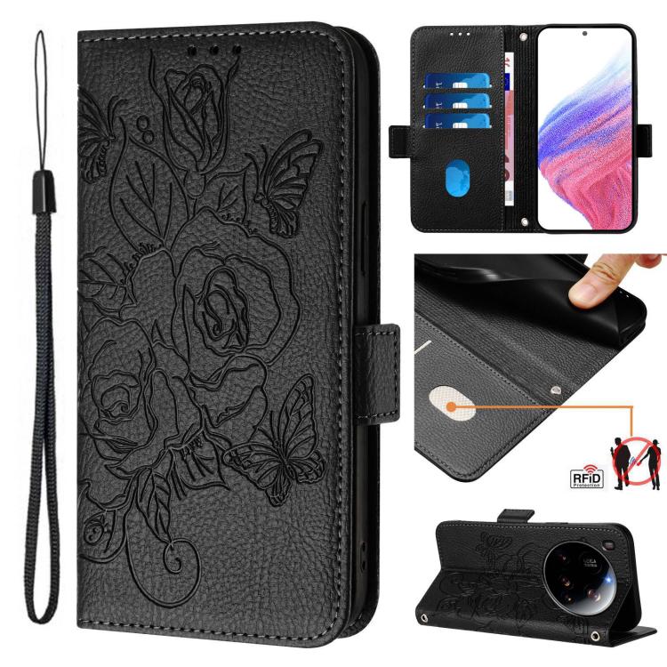 For Xiaomi 15 Ultra Embossed Rose RFID Anti-theft Leather Phone Case(Black)