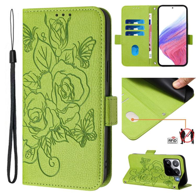 For Xiaomi 15S Pro 5G Embossed Rose RFID Anti-theft Leather Phone Case(Green)