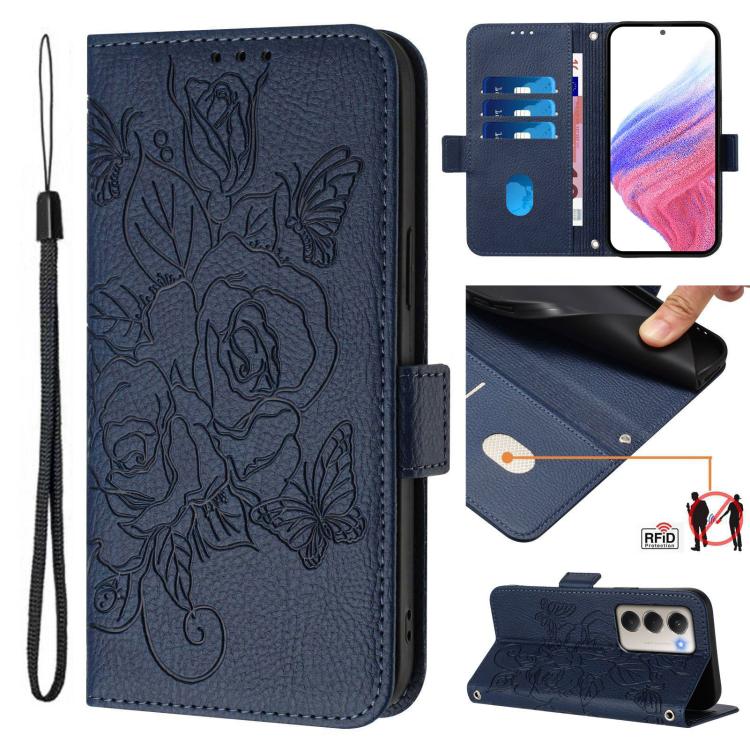 For Redmi 15 5G Global / 15 4G SEA 169.5mm Embossed Rose RFID Anti-theft Leather Phone Case(Dark Blue)