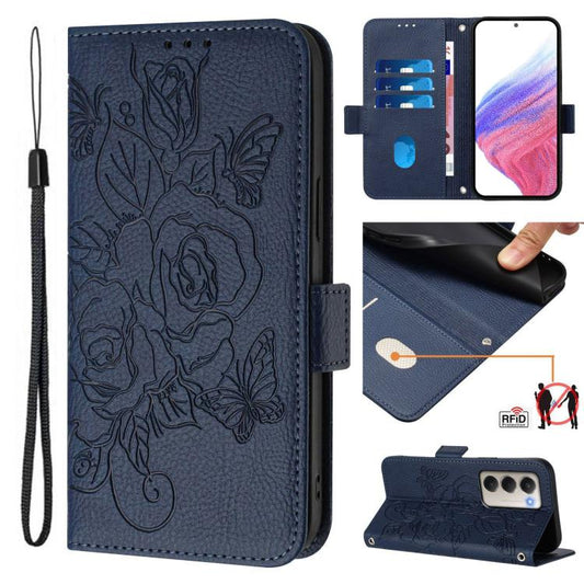 For Redmi 15 5G Global / 15 4G SEA 169.5mm Embossed Rose RFID Anti-theft Leather Phone Case(Dark Blue)