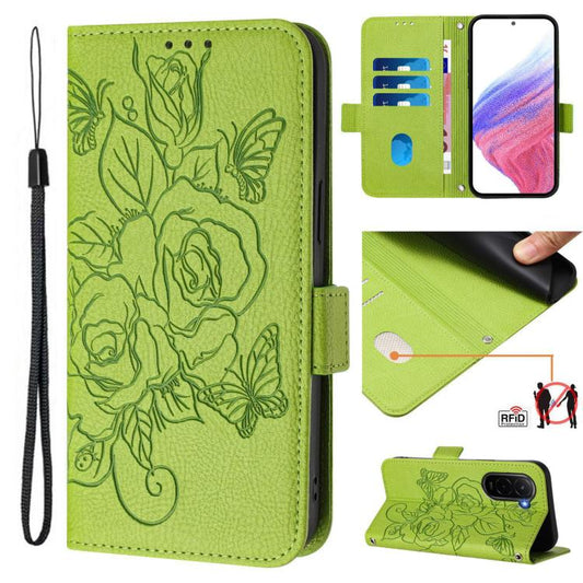 For Xiaomi Poco M7 4G 169mm Embossed Rose RFID Anti-theft Leather Phone Case(Green)