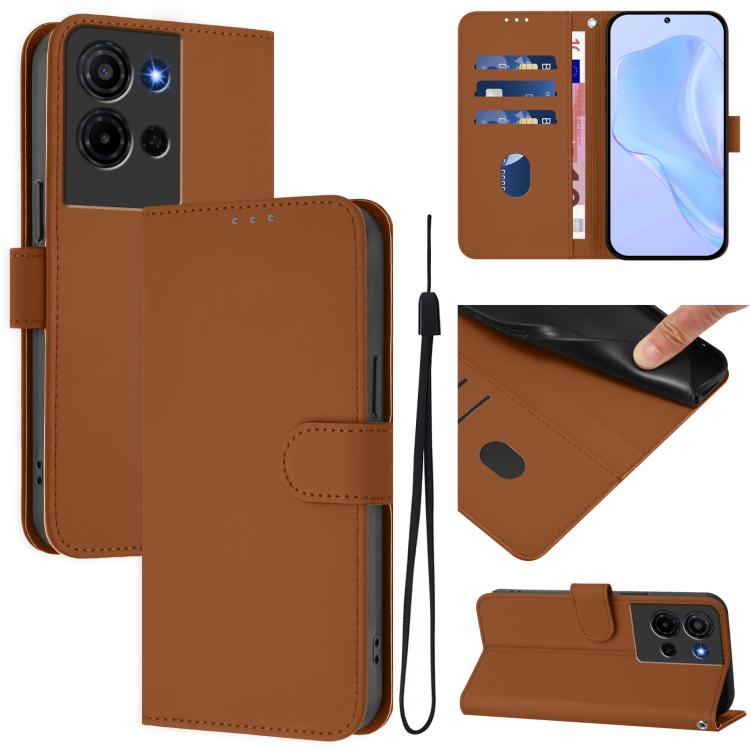 For TCL K32 5G / K33 5G Skin Feel Solid Color Leather Phone Case with Lanyard(Brown)