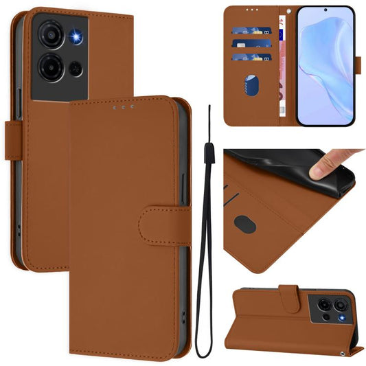 For TCL K32 5G / K33 5G Skin Feel Solid Color Leather Phone Case with Lanyard(Brown)