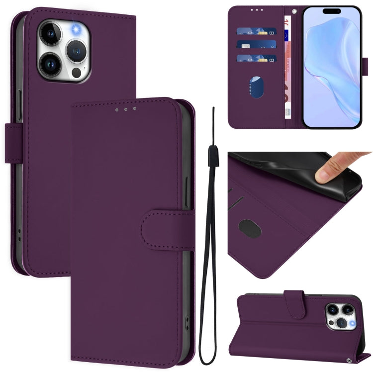 For iPhone 16 Pro Max Skin Feel Solid Color Leather Phone Case with Lanyard(Violet)