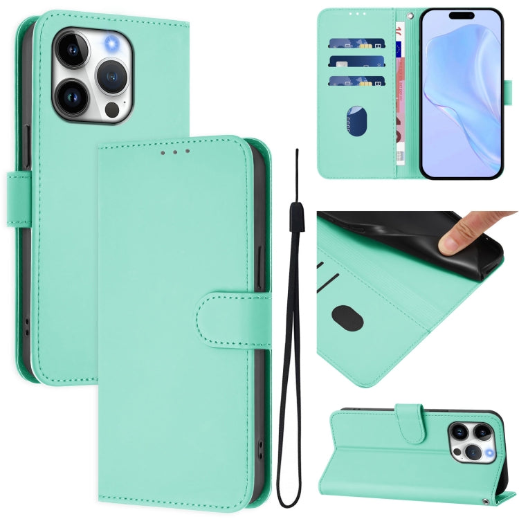 For iPhone 16 Pro Skin Feel Solid Color Leather Phone Case with Lanyard(Mint Green)