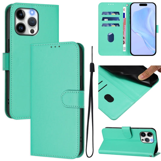 For iPhone 15 Pro Max Skin Feel Solid Color Leather Phone Case with Lanyard(Green)