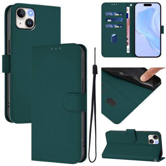 For iPhone 15 Plus Skin Feel Solid Color Leather Phone Case with Lanyard(Dark Green)