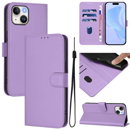For iPhone 15 Skin Feel Solid Color Leather Phone Case with Lanyard(Lavender Purple)