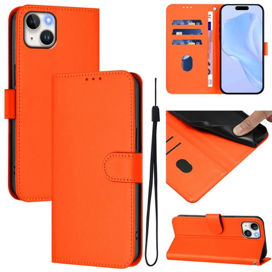 For iPhone 14 Plus Skin Feel Solid Color Leather Phone Case with Lanyard(Orange)