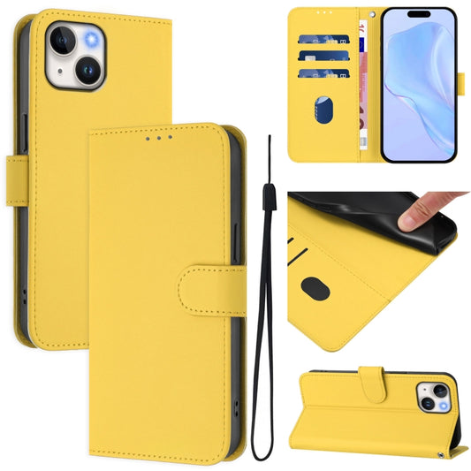 For iPhone 14 / 13 Skin Feel Solid Color Leather Phone Case with Lanyard(Lemon Yellow)