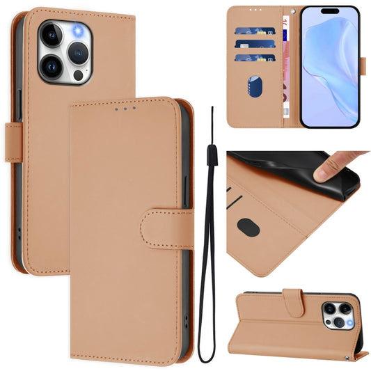 For iPhone 13 Pro Skin Feel Solid Color Leather Phone Case with Lanyard(Nude)
