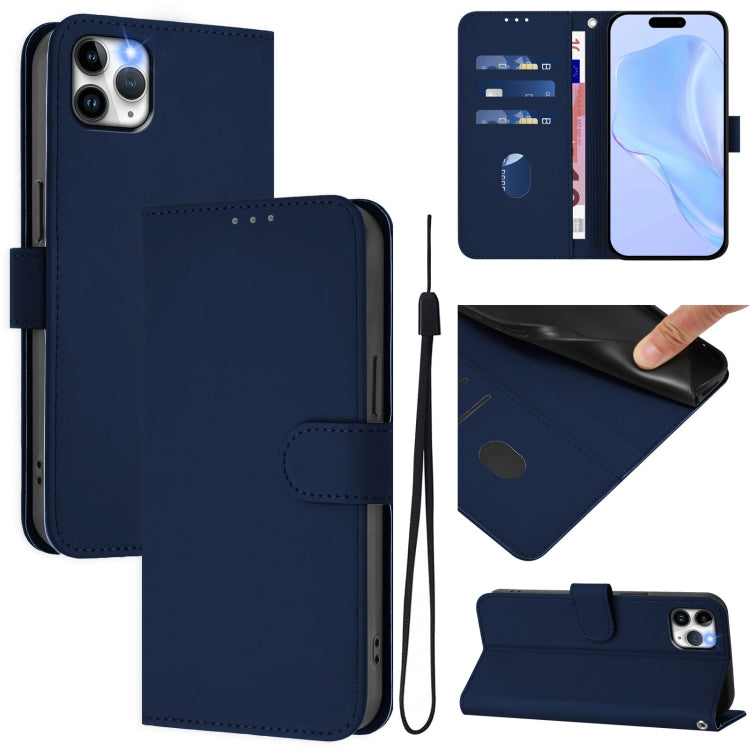 For iPhone 11 Pro Max Skin Feel Solid Color Leather Phone Case with Lanyard(Navy Blue)