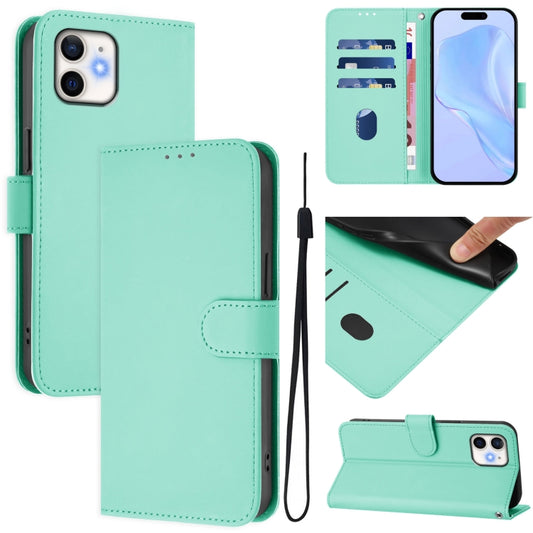 For iPhone 11 Skin Feel Solid Color Leather Phone Case with Lanyard(Mint Green)
