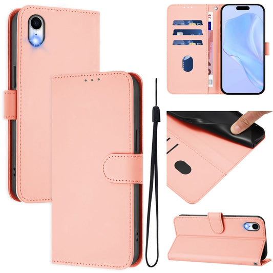 For iPhone XR Skin Feel Solid Color Leather Phone Case with Lanyard(Pink)