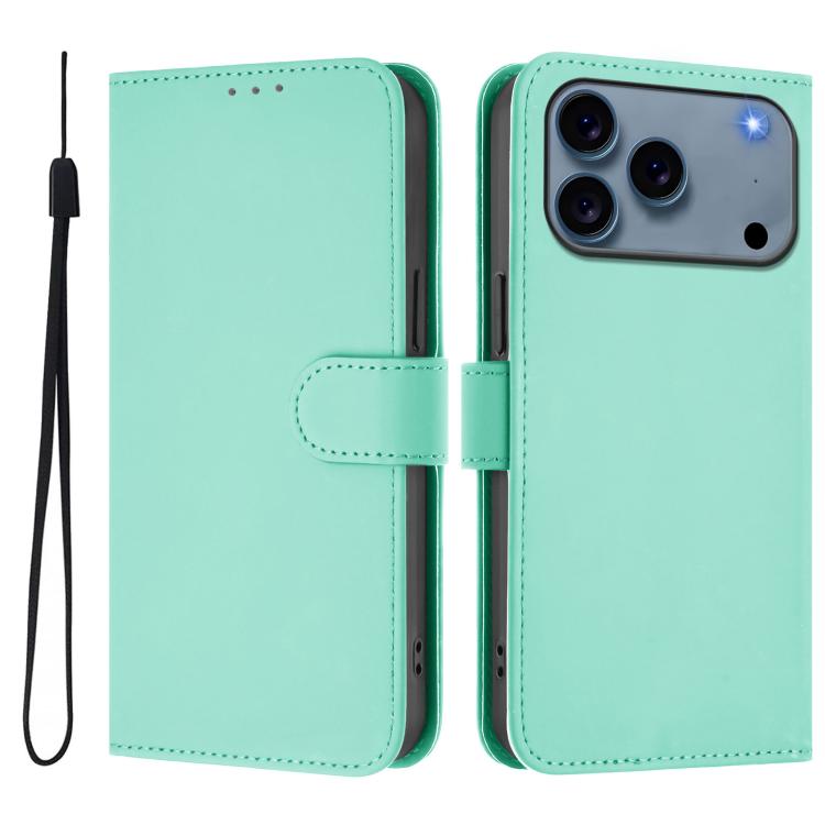For iPhone 17 Pro Skin Feel Solid Color Leather Phone Case with Lanyard(Mint Green)