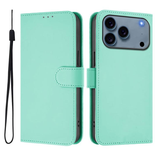 For iPhone 17 Pro Skin Feel Solid Color Leather Phone Case with Lanyard(Mint Green)