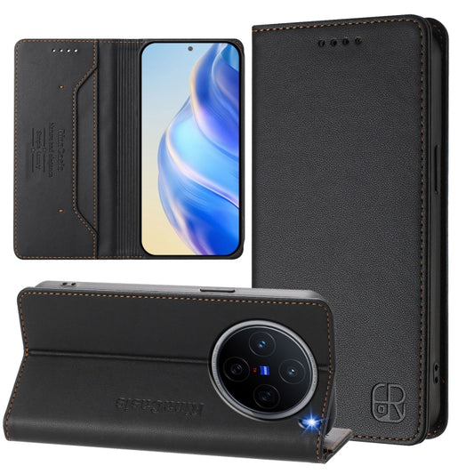 For vivo X200 RC01 Dual-Folded Magnetic Suction RFID Leather Phone Case(Black)