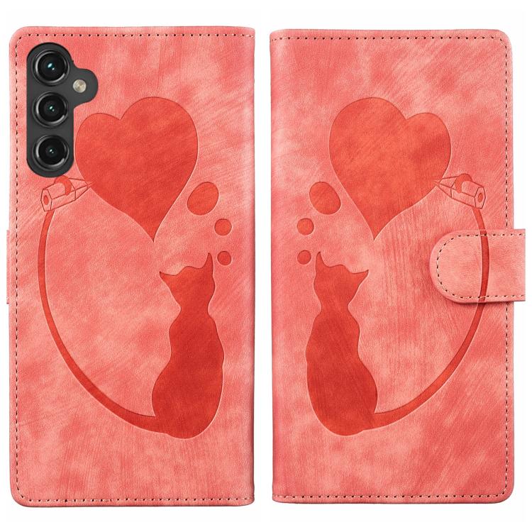 For Samsung Galaxy A57 5G Pen Heart Cat Embossed Leather Phone Case(Orange)