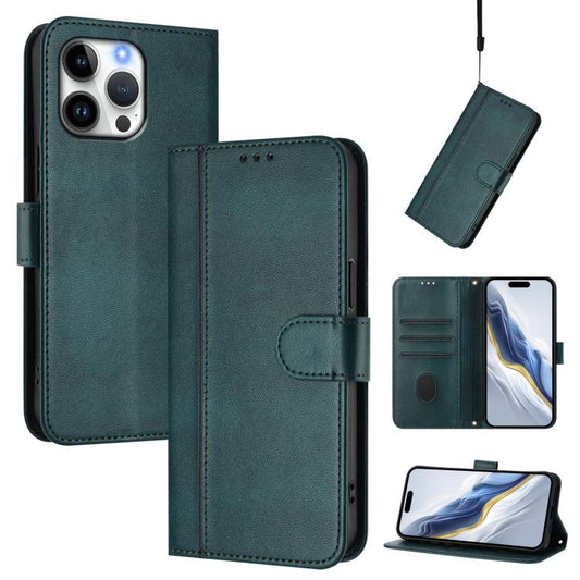 For iPhone 16 Pro Max Line Splicing Buckle Retro Leather Phone Case(Dark Green)