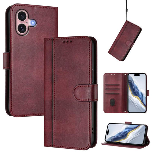 For iPhone 16 Plus Line Splicing Buckle Retro Leather Phone Case(Wine Red)