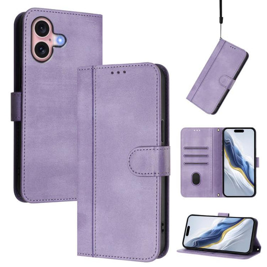 For iPhone 16 Line Splicing Buckle Retro Leather Phone Case(Purple)