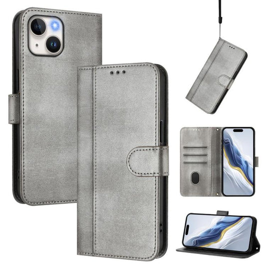 For iPhone 15 Line Splicing Buckle Retro Leather Phone Case(Grey)