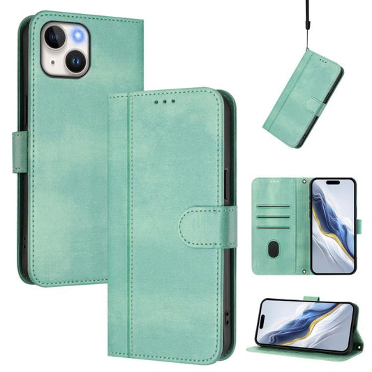 For iPhone 14 Plus Line Splicing Buckle Retro Leather Phone Case(Mint Green)