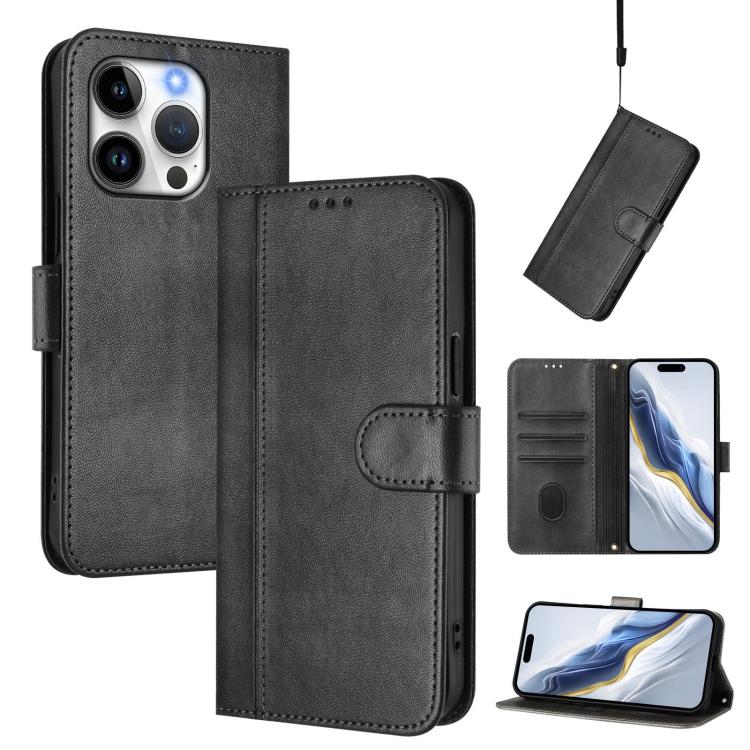 For iPhone 14 Pro Line Splicing Buckle Retro Leather Phone Case(Black)