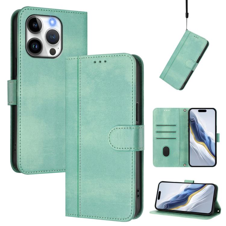 For iPhone 13 Pro Max Line Splicing Buckle Retro Leather Phone Case(Mint Green)
