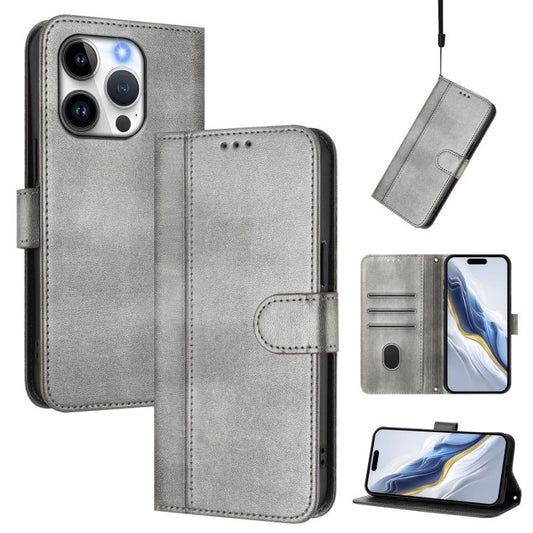For iPhone 13 Pro Line Splicing Buckle Retro Leather Phone Case(Grey)
