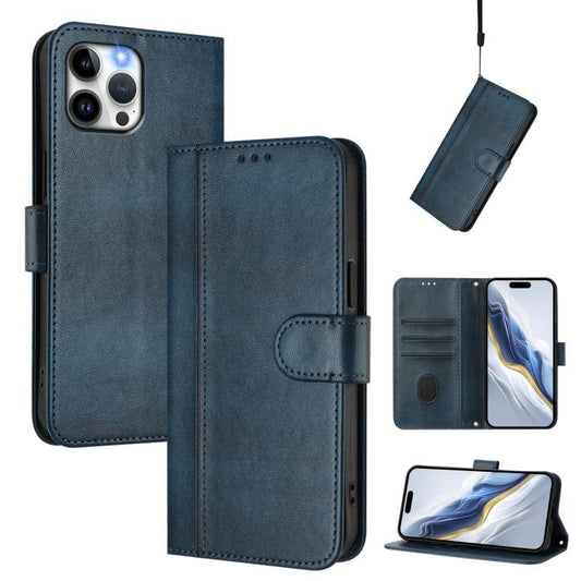 For iPhone 12 Pro Max Line Splicing Buckle Retro Leather Phone Case(Dark Blue)