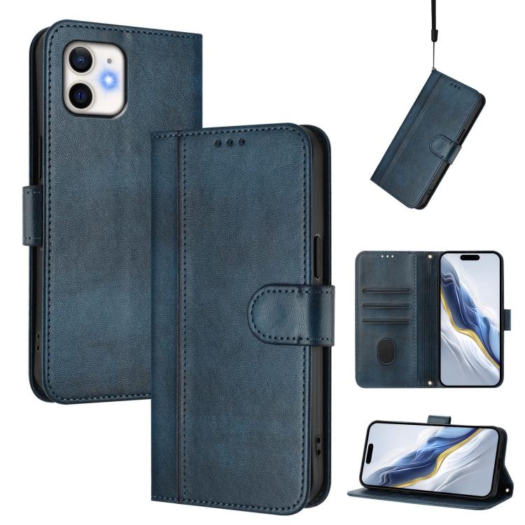 For iPhone 12 mini Line Splicing Buckle Retro Leather Phone Case(Dark Blue)