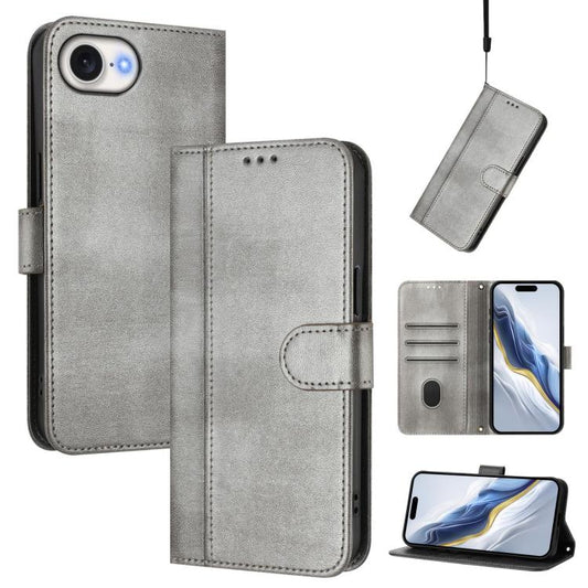 For iPhone 16e Line Splicing Buckle Retro Leather Phone Case(Grey)