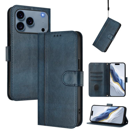 For iPhone 17 Pro Line Splicing Buckle Retro Leather Phone Case(Dark Blue)