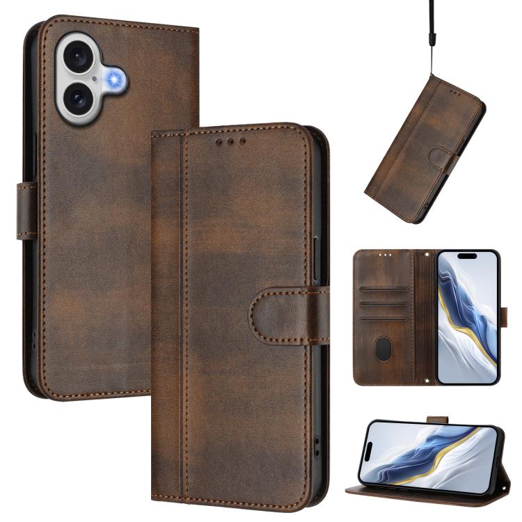 For iPhone 17 Line Splicing Buckle Retro Leather Phone Case(Brown)