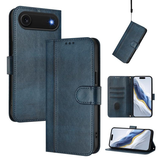 For iPhone Air Line Splicing Buckle Retro Leather Phone Case(Dark Blue)