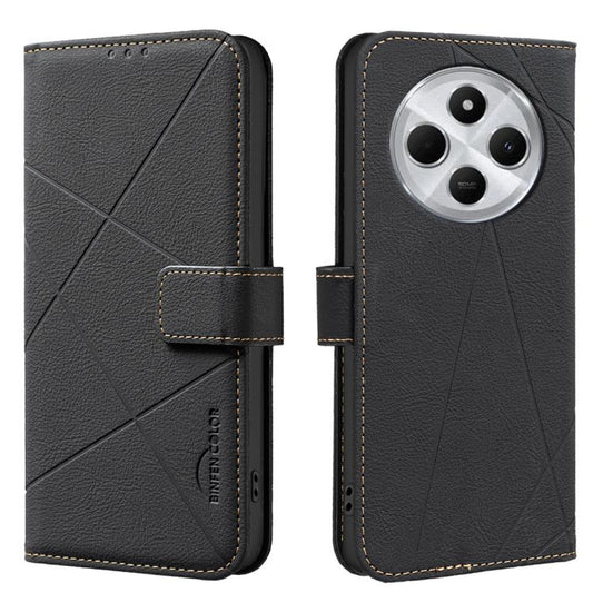 For Redmi 14C Geometric Pattern RFID Leather Phone Case(Black)