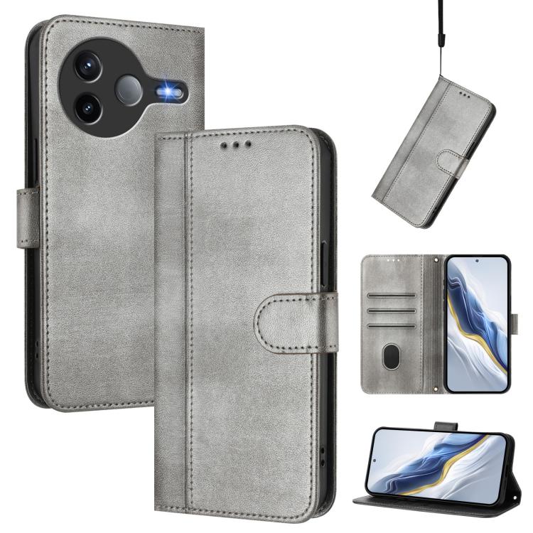 For Xiaomi Poco F7 Ultra 5G / Redmi K80 Pro Line Splicing Buckle Retro Leather Phone Case(Grey)