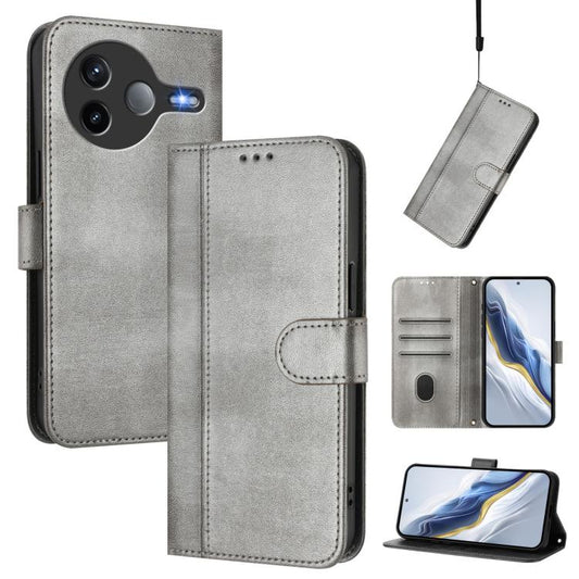 For Xiaomi Poco F7 Ultra 5G / Redmi K80 Pro Line Splicing Buckle Retro Leather Phone Case(Grey)