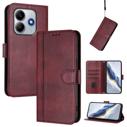 For Xiaomi Poco M7 Pro 5G / Redmi Note 14 5G Line Splicing Buckle Retro Leather Phone Case(Wine Red)
