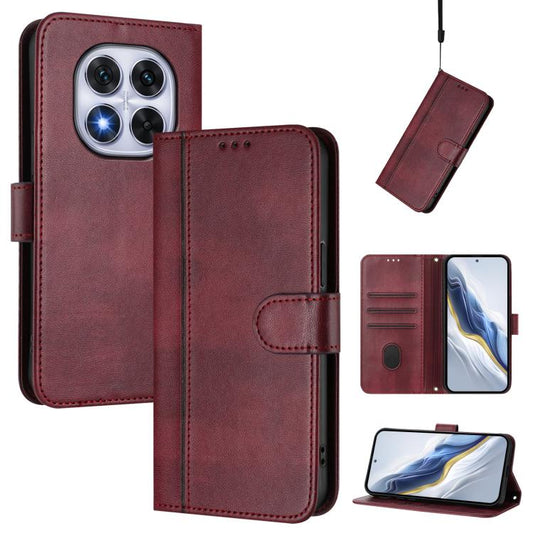 For Xiaomi Poco X7 5G / Redmi Note 14 Pro 5G Line Splicing Buckle Retro Leather Phone Case(Wine Red)