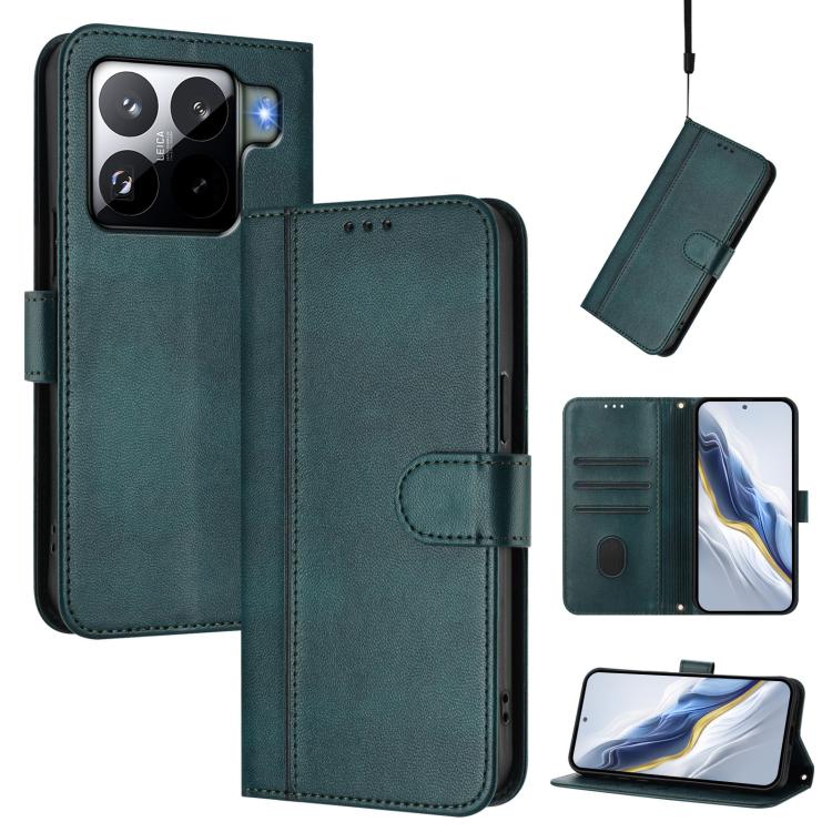 For Xiaomi 15S Pro 5G Line Splicing Buckle Retro Leather Phone Case(Dark Green)