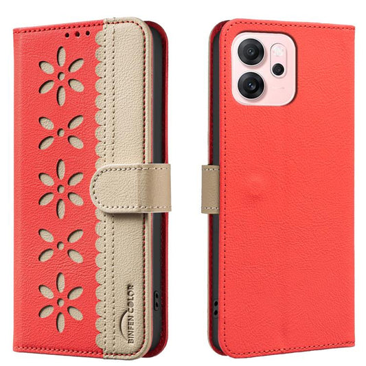For OPPO Reno14 F 5G Splicing Color Hollow Flower Pattern RFID Leather Phone Case(Red)
