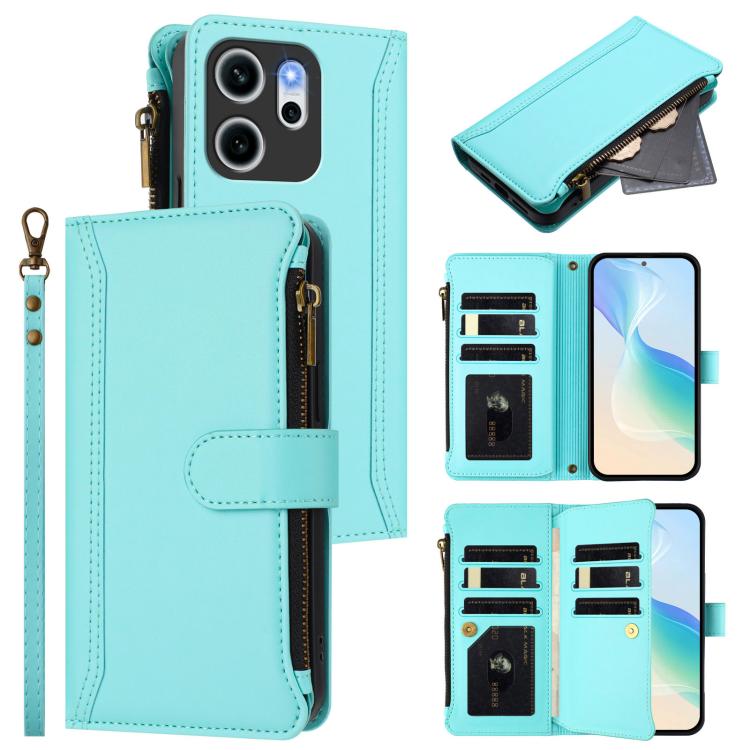 For OPPO Reno14 F 5G Magnetic Closure 9 Card Slots Zipper Leather Case with Hand Strap(Mint Green)