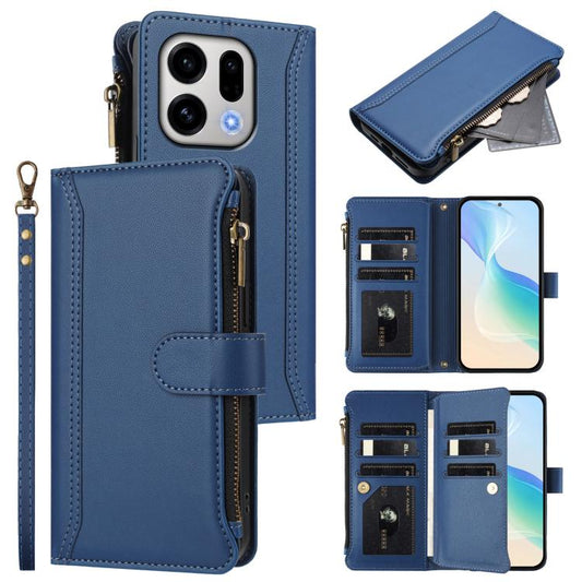 For OPPO Find X9 Magnetic Closure 9 Card Slots Zipper Leather Case with Hand Strap(Dark Blue)