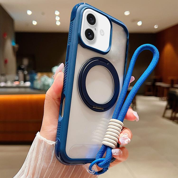For iPhone 16 Plus Solid Color Edge Transparency Rotation Holder MagSafe Phone Case with Wrist Strap(Royal Blue)