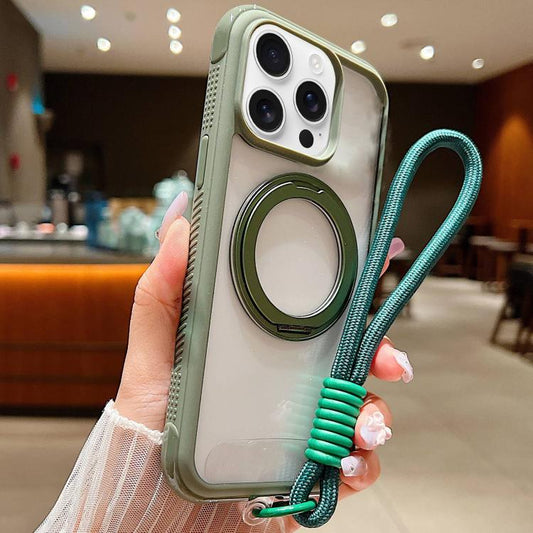 For iPhone 15 Pro Max Solid Color Edge Transparency Rotation Holder MagSafe Phone Case with Wrist Strap(Army Green)