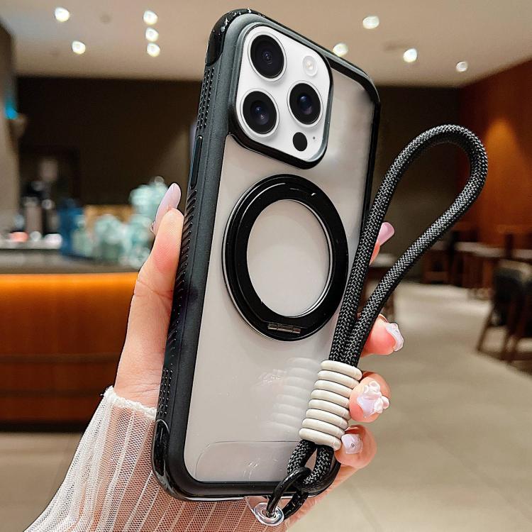 For iPhone 15 Pro Solid Color Edge Transparency Rotation Holder MagSafe Phone Case with Wrist Strap(Black)